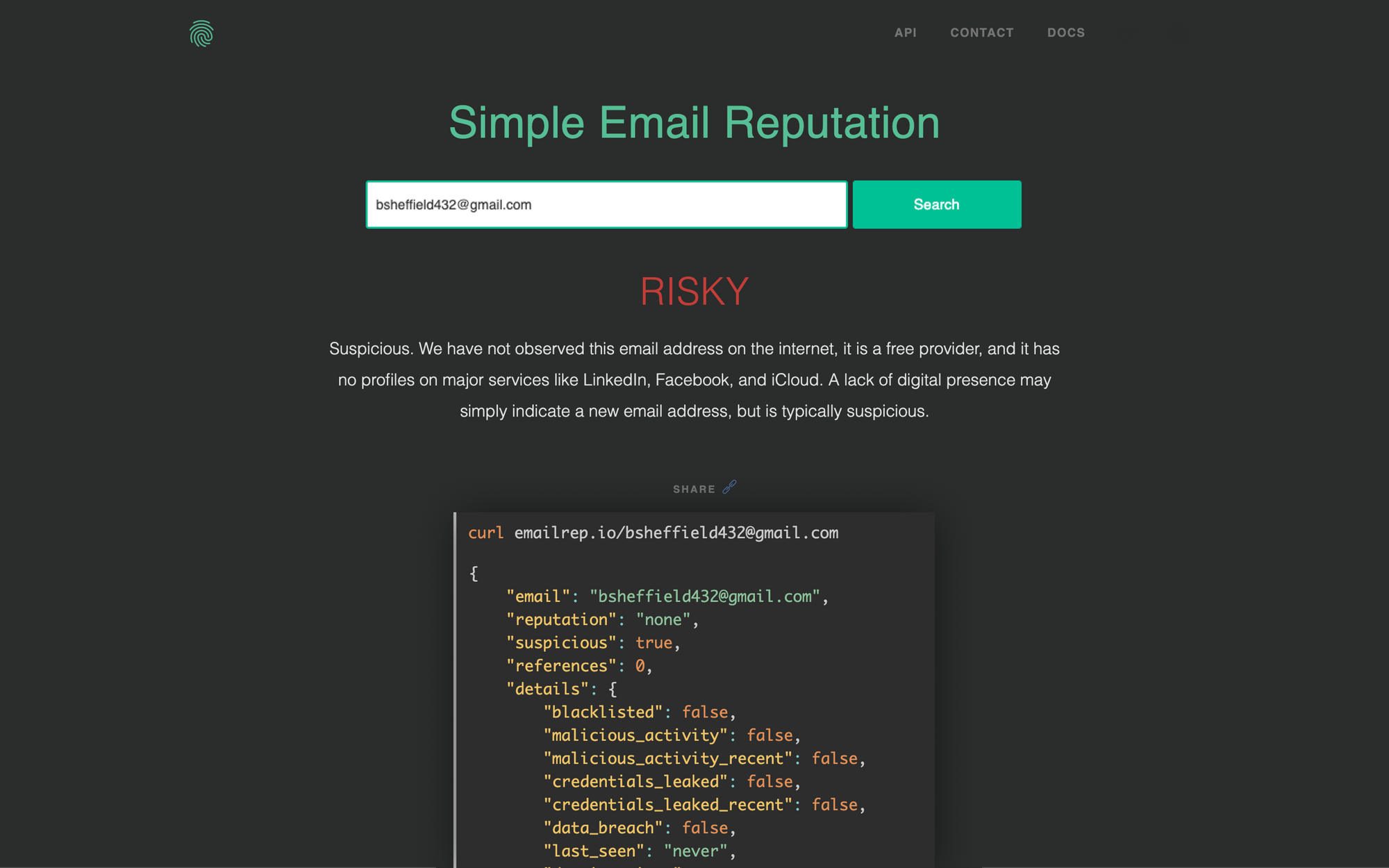EmailRep: Free API to query email reputation and report malicious senders